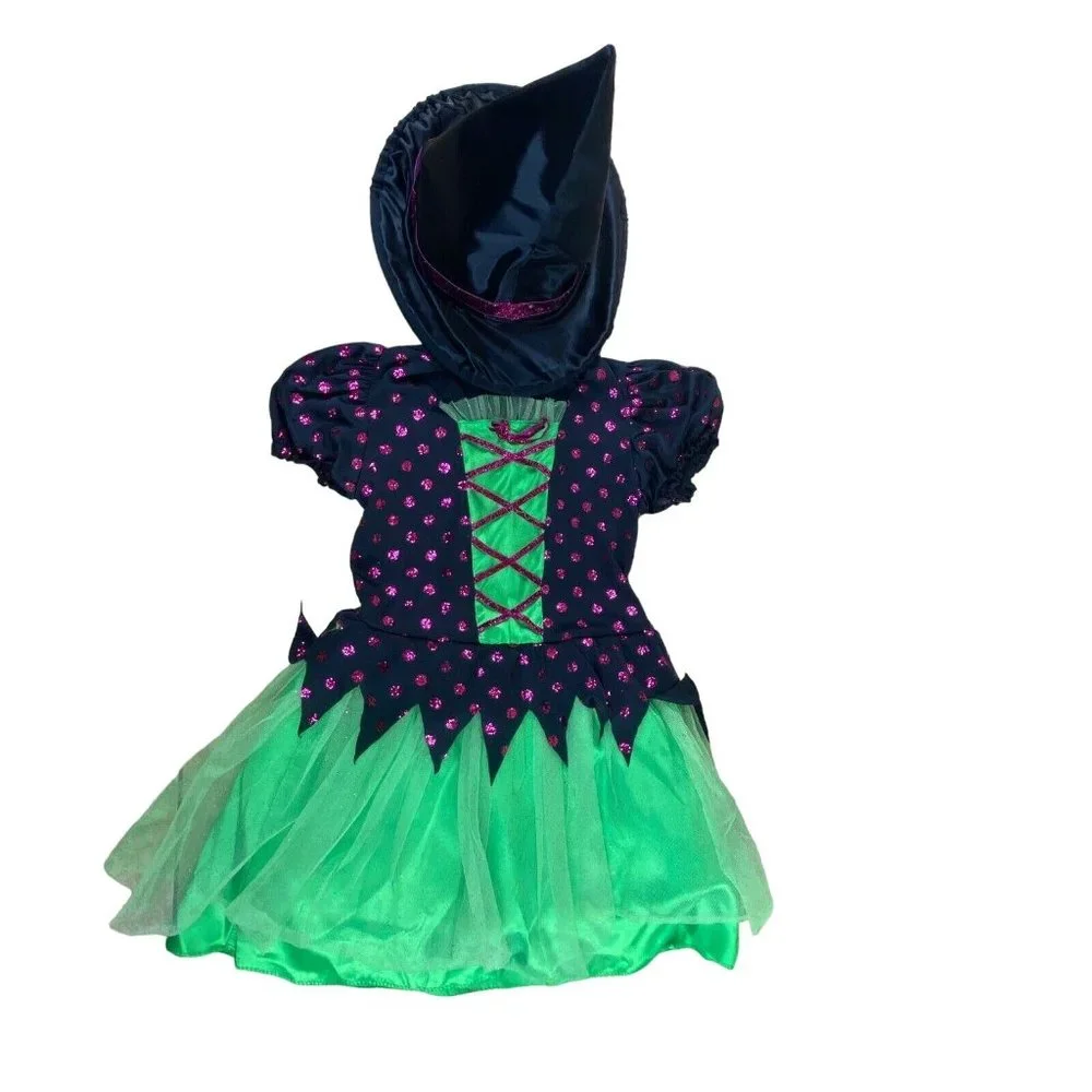 Girls Halloween Costume Purple Black Green Dress Witch Hat Size Medium Size 8-10